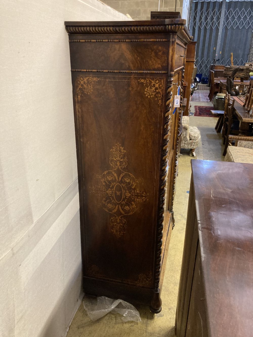A 19th century French marquetry inlaid burr walnut secretaire à abbatant, width 104cm depth 52cm height 165cm